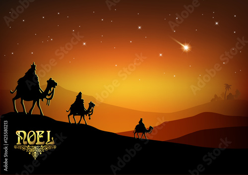 Stylized Biblical Christmas etude  three Wise Men are visiting the new King of Jerusalem Jesus Christ after His birth