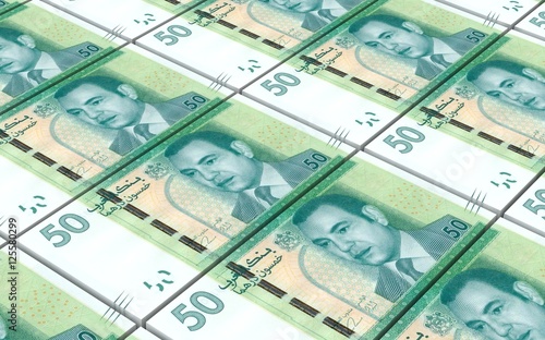 Moroccan dirhams bills stacks background. 3D illustration.