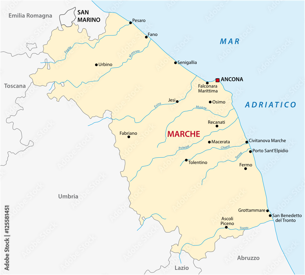 Vector map of the Italian region Marche