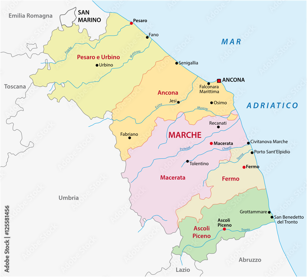 Administrative and political map of the Italian region Marche Stock ...