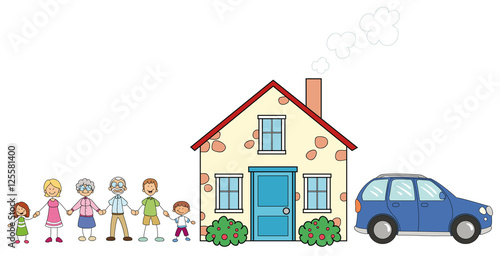 Glückliche Familie mit Großeltern vor Eigenheim