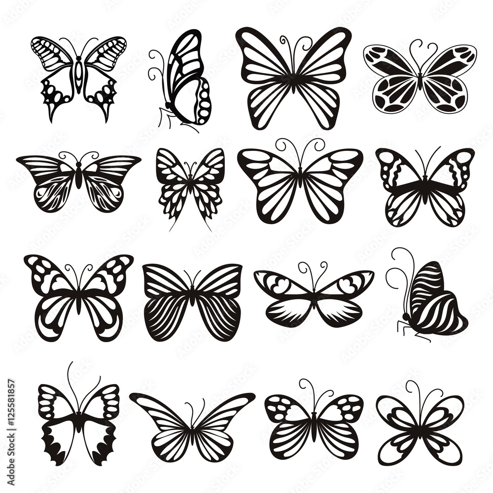 Naklejka Zestaw ikon motyla. Prosta ilustracja 16 ikon wektorowych motyli dla sieci
