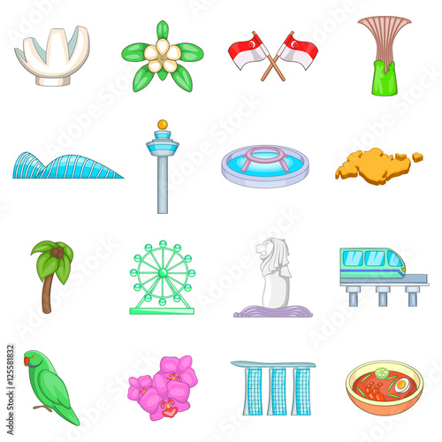 Singapore travel icons set. Cartoon illustration of 16 Singapore travel vector icons for web