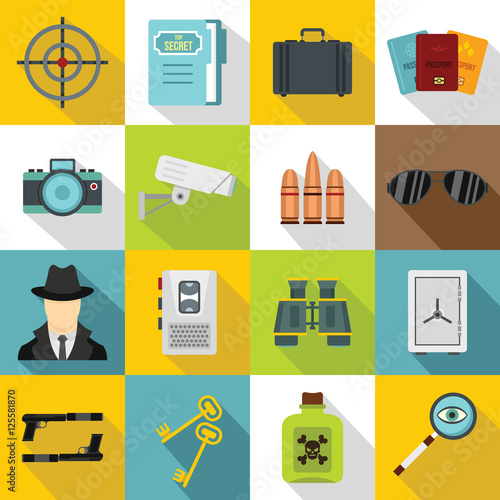 Spy tools icons set. Flat illustration of 16 spy tools travel vector icons for web