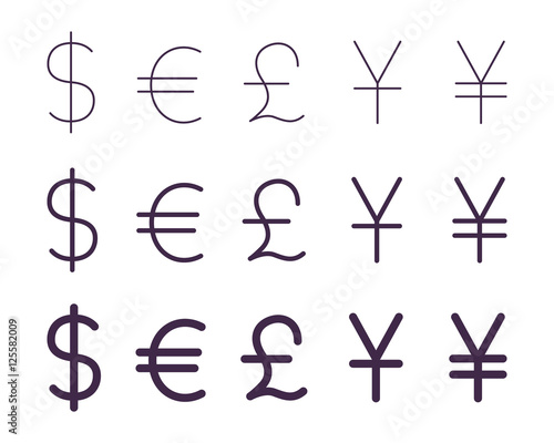 Set of currency signs, thin, regular, bold. Vector icons set