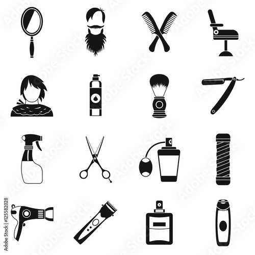 Hairdressing icons set. Simple illustration of 16 hairdressing travel vector icons for web