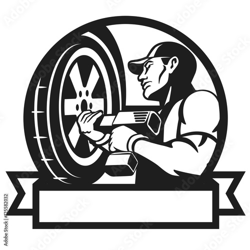 Logo for car service. Auto mechanic changing tyre on car. Auto mechanic works with the cordless impact wrench. Wheel change. Vector illustration.