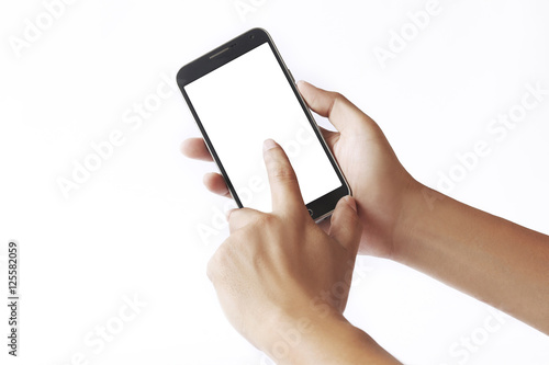 hand holding black phone isolated on white clipping path inside
 photo