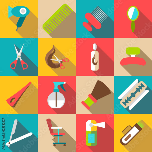 Hairdresser icons set. Flat illustration of 16 hairdresser vector icons for web