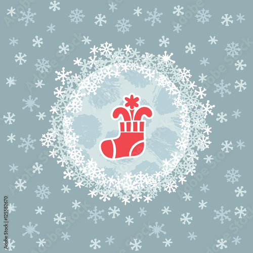 Christmas and New Year round frame with stocking symbol. Greeting card.