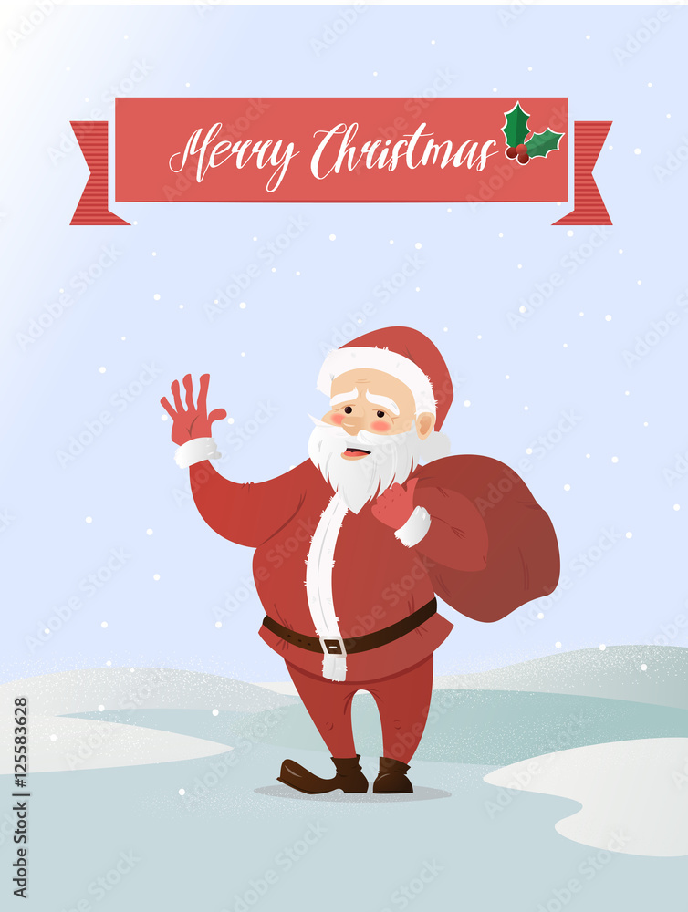 Santa Claus waving. Has brought the bag with gifts. Vector illustration of a flat style. Bright New Year and Christmas characters Santa Claus waving. Has brought the bag with gifts. Vector illustration of a flat style. Bright New Year and Christmas characters