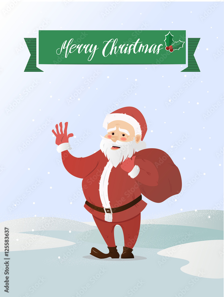 Santa Claus waving. Has brought the bag with gifts. Vector illustration of a flat style. Bright New Year and Christmas characters Santa Claus waving. Has brought the bag with gifts. Vector illustration of a flat style. Bright New Year and Christmas characters