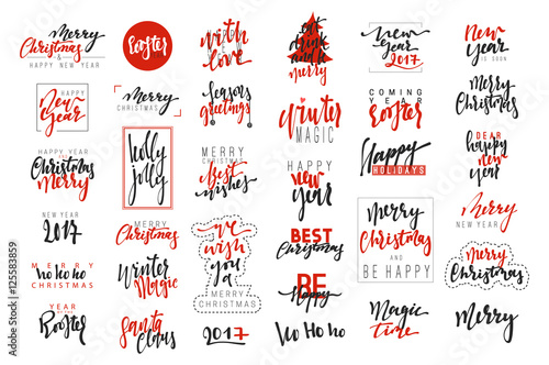 Merry Christmas and Happy New Year 2017 luxury calligraphy emblems set. New red inscriptions holidays, vector logo, text design. Usable for banners, greeting cards, gifts etc.