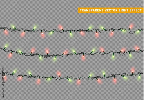 Garlands, Christmas decorations lights effects. Isolated vector design elements. Glowing lights for Xmas Holiday greeting card design. Christmas decoration realistic luminous garland