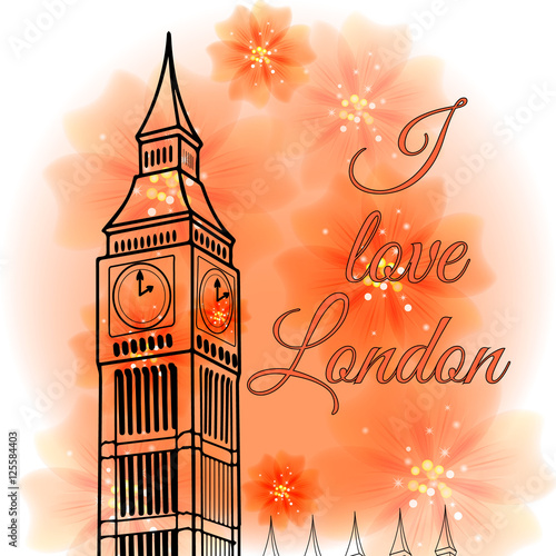 Schilderij op canvas Illustration of attractions of London on a background with flowers - Big Ben