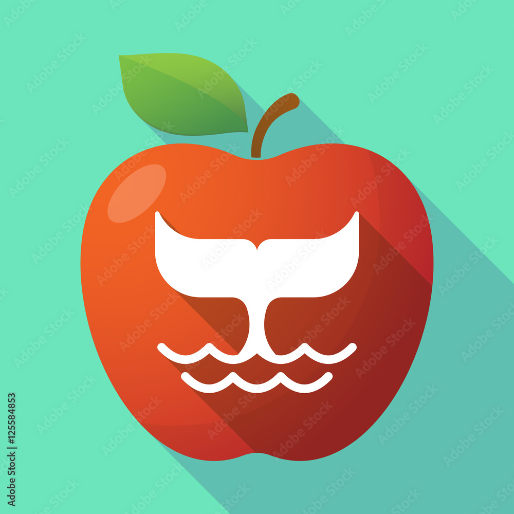 Long shadow apple fruit icon with a whale tail Long shadow apple fruit icon with a whale tail