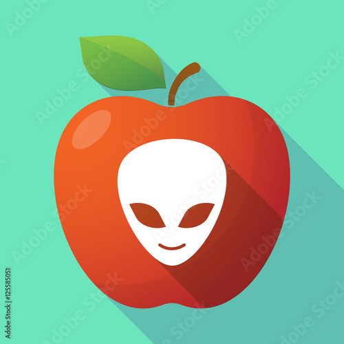 Long shadow apple fruit icon with an alien face