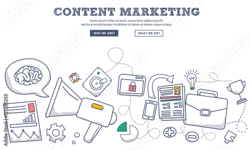 Doodle design style concept of content marketing , marketing and sharing of digital content. Modern line style illustration for web banners, hero images, printed materials