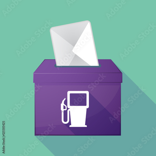 Long shadow ballot box with a gas station