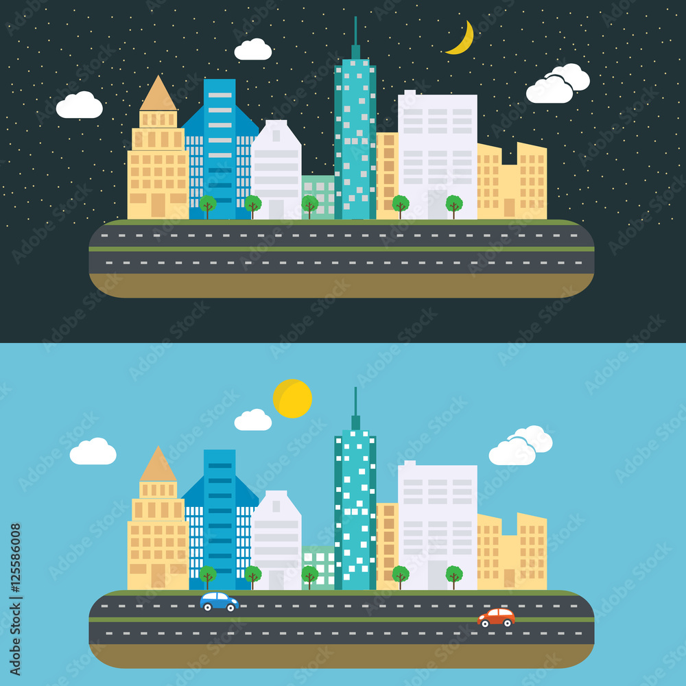 Day and night Urban Landscape City Real Estate Summer Background Flat Design Concept Icon Template Vector Illustration