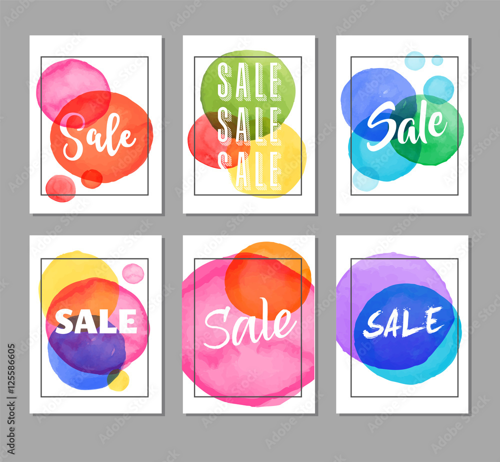Sale icons, tags, labels and mobile theme. Colorful vibrant overlay watercolor vector backgrounds, poster design