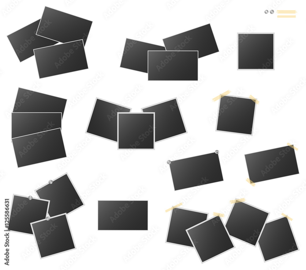 Realistic vector photo frame on pin isolated on white background. Template photo design. Vector illustration