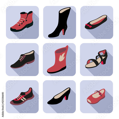 Flat icons set with different types of women's, men's, children's and unisex shoes (ID: 125586640)