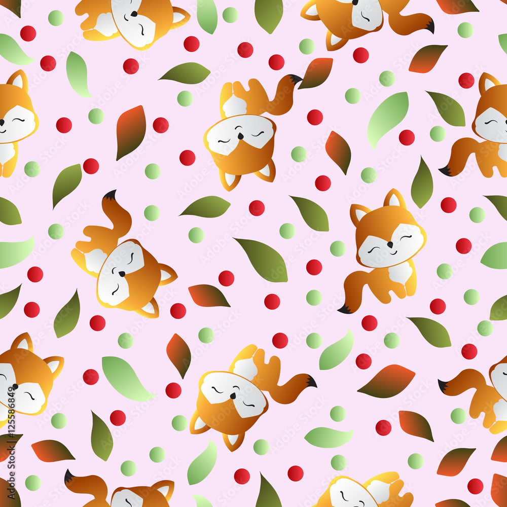 seamless pattern with smiling red fox and green leaves on a pink background seamless pattern with smiling red fox and green leaves on a pink background