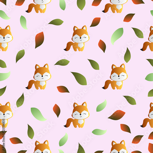 seamless pattern with smiling red fox and green leaves on a pink background 