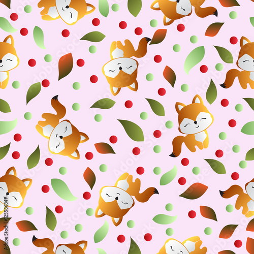 seamless pattern with smiling red fox and green leaves on a pink background 
