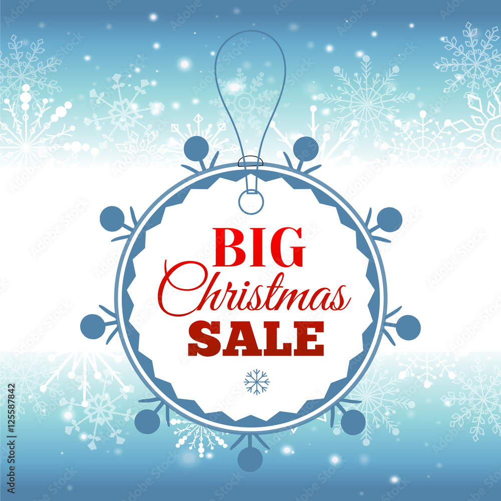 Christmas sale. Vector background with snowflakes and shining sparks. Badge. Inscription.