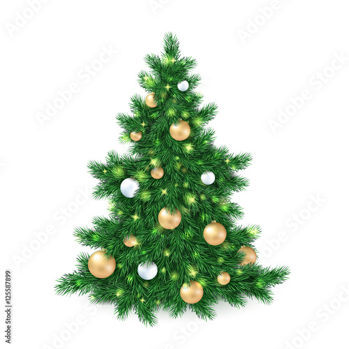 vector illustration of big christmas tree, decorated white and golden christmas ornaments