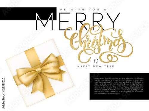 vector illustration of christmas banner with top view of gift with red ribbon and hand lettering word - christmas in black and gold color
