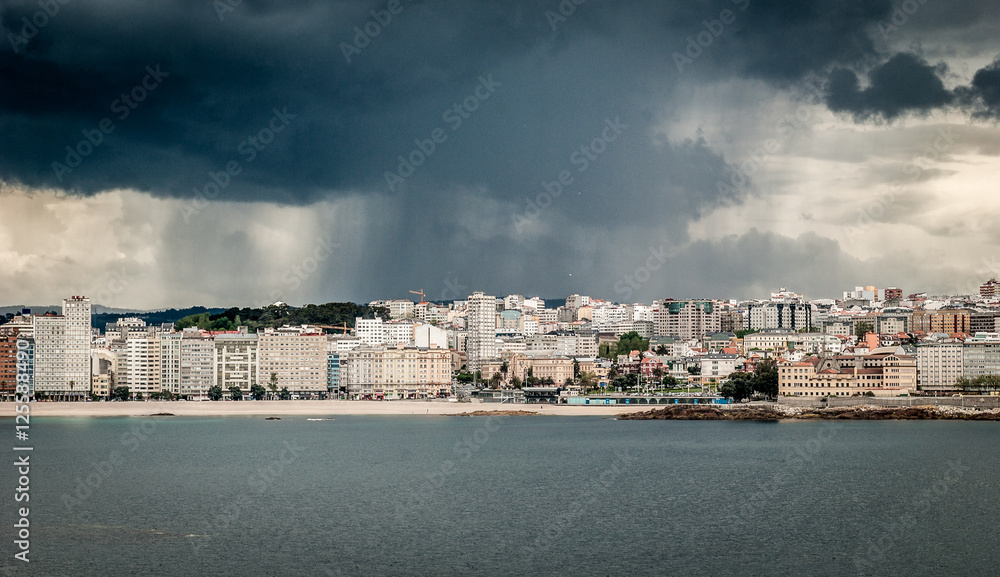 Heavy storm with rain over the city center of A Coruña, Spain.