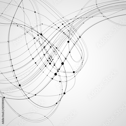 Abstract vector background. Black rounded curves intersecting lines with rounded points at the intersections on a light background. Subject of technology, molecular physics, data transmission.