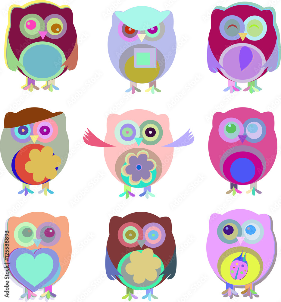 Fototapeta premium Set of cartoon owls with various emotions