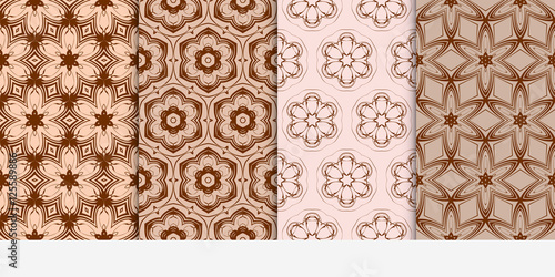 set of 4 geometry seamless pattern. Abstract geometric flower on brown background. Ethnic ornament. vector