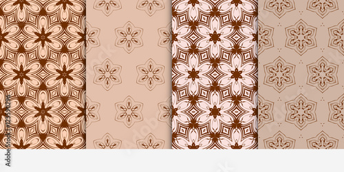 set of 4 geometry seamless pattern. Abstract geometric flower on brown background. Ethnic ornament. vector