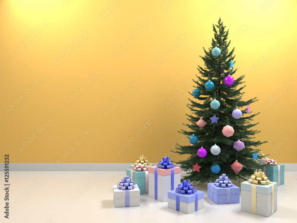 Christmas tree with colored balls toys, gifts boxes. Holiday, new year celebration theme with free copy space. Interior with clean yellow, beige wall blank for design, text or image. 3d illustration Christmas tree with colored balls toys, gifts boxes. Holiday, new year celebration theme with free copy space. Interior with clean yellow, beige wall blank for design, text or image. 3d illustration