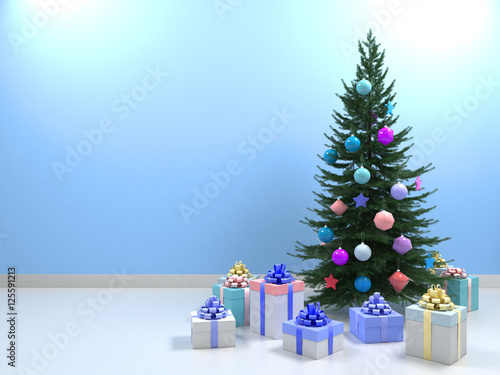 Christmas tree with colored balls toys, gifts boxes. Holiday, new year celebration theme with free copy space. Interior with clean light blue wall blank for design, text or image. 3d illustration