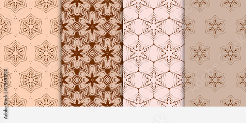 set of 4 geometry seamless pattern. Abstract geometric flower on brown background. Ethnic ornament. vector