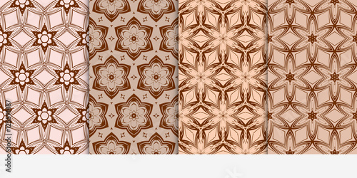 set of 4 geometry seamless pattern. Abstract geometric flower on brown background. Ethnic ornament. vector