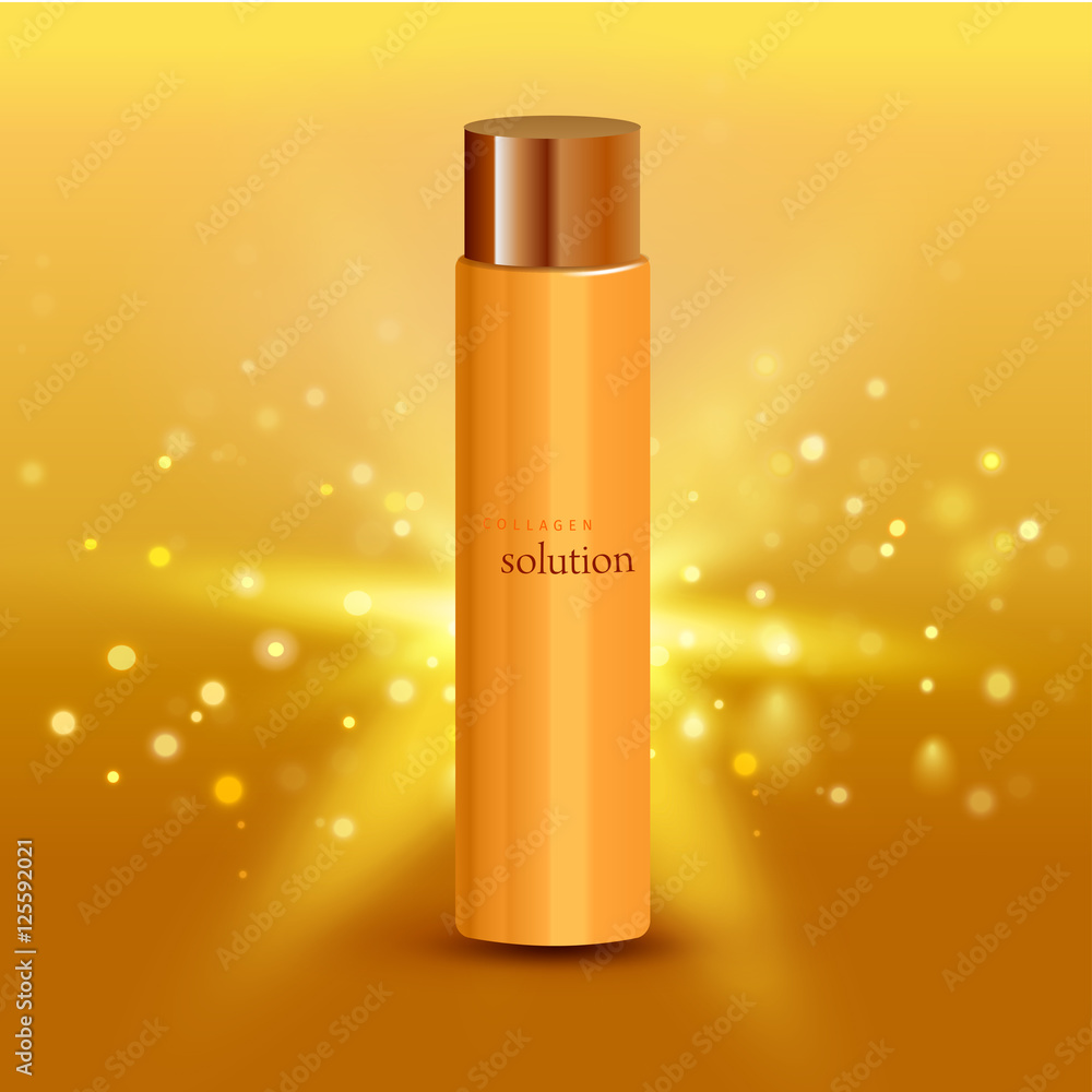 Collagen solution intensive cream tube gold background advertisement poster for pharmaceutical and cosmetics products realistic vector illustration