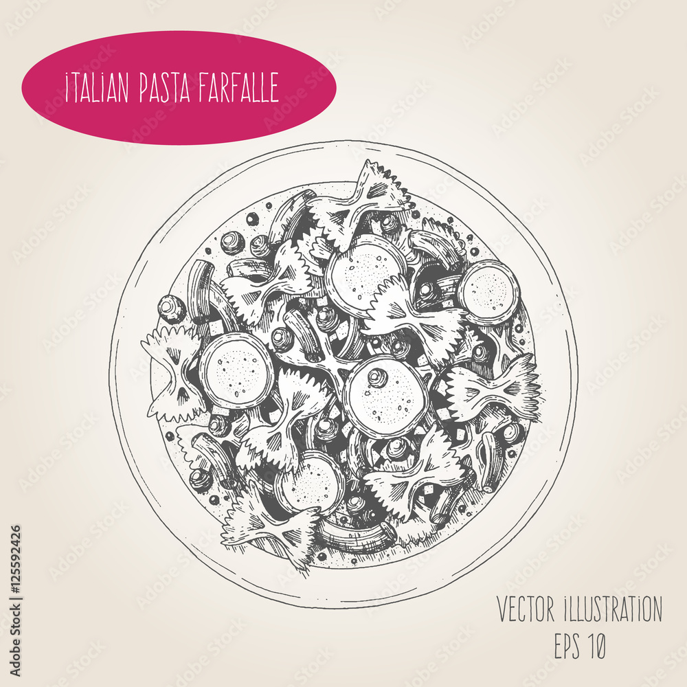 Farfalle pasta vector illustration. Italian cuisine. Linear graphic.