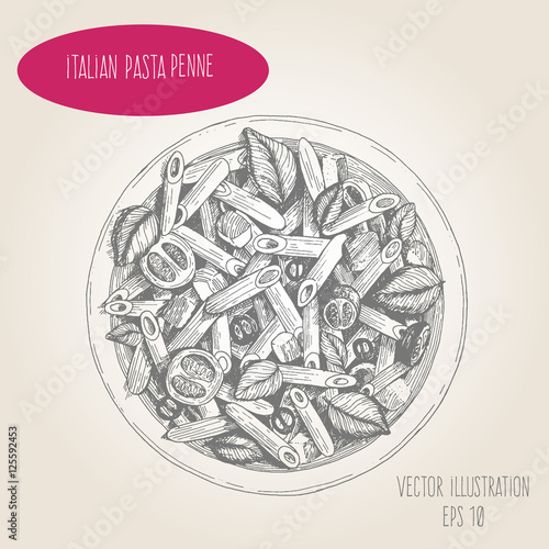 Penne pasta vector illustration. Italian cuisine. Linear graphic.