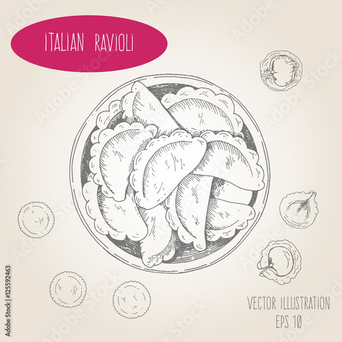 Ravioli vector illustration. Italian cuisine. Linear graphic.