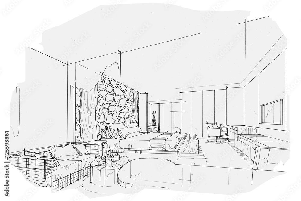 sketch stripes bedroom, black and white interior design.