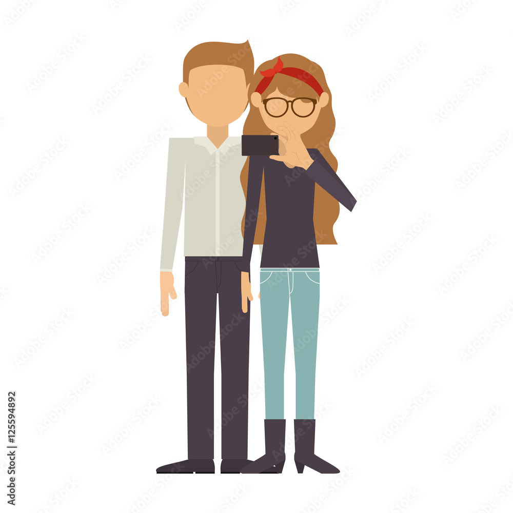 couple where woman of hair tied take selfie vector illustration