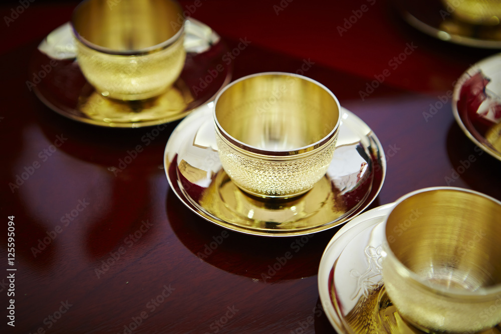 Gold tea set for Korean traditional wedding ceremony Stock Photo