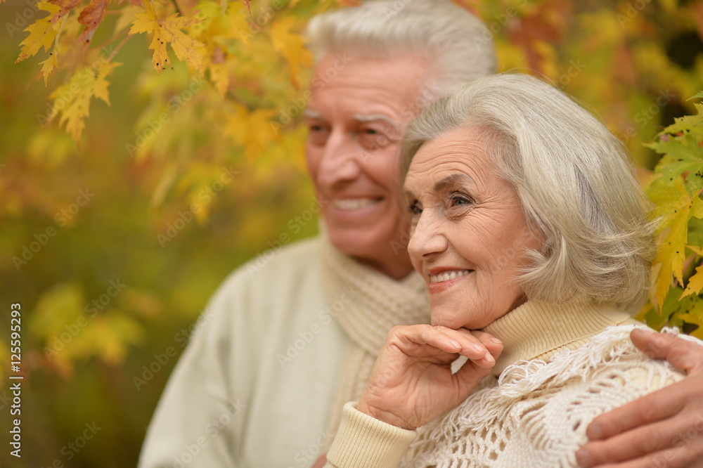 Beautiful happy middle-aged couple in the autumn park Beautiful happy middle-aged couple in the autumn park